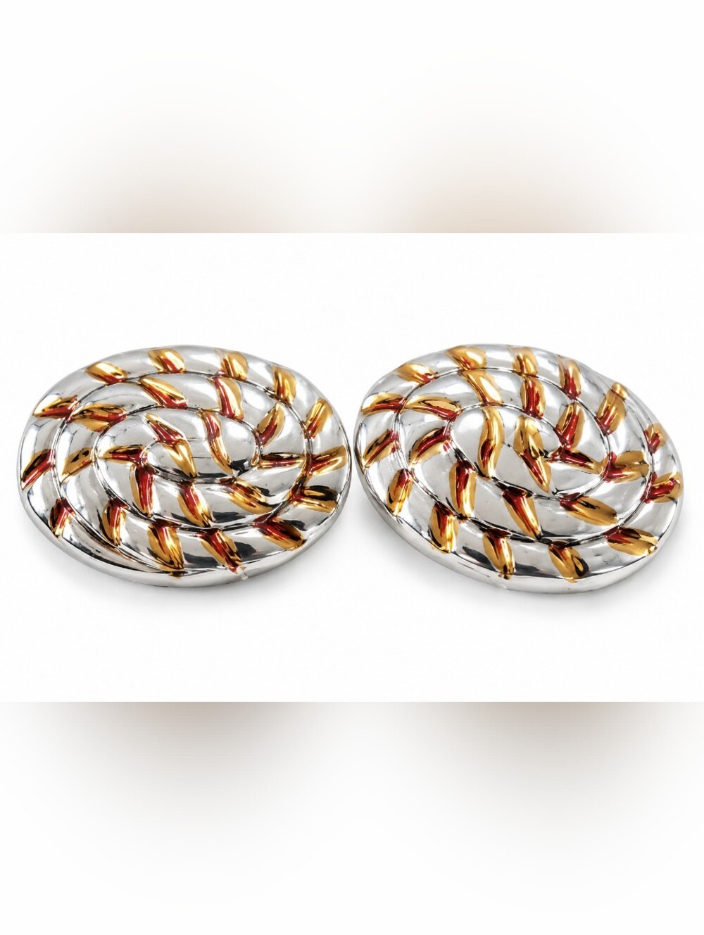 Vintage Silver & Gold Tone Woven Oval Clip-On Earrings Textured Statement Jewel